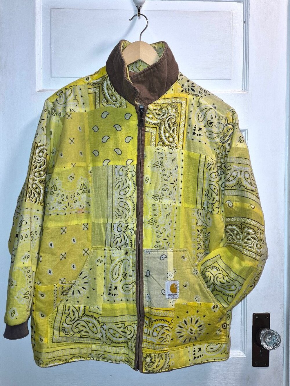 Vintage Carhartt Quilted Chore Jacket Reconstructed x Yellow Paisley Bandana  Wo